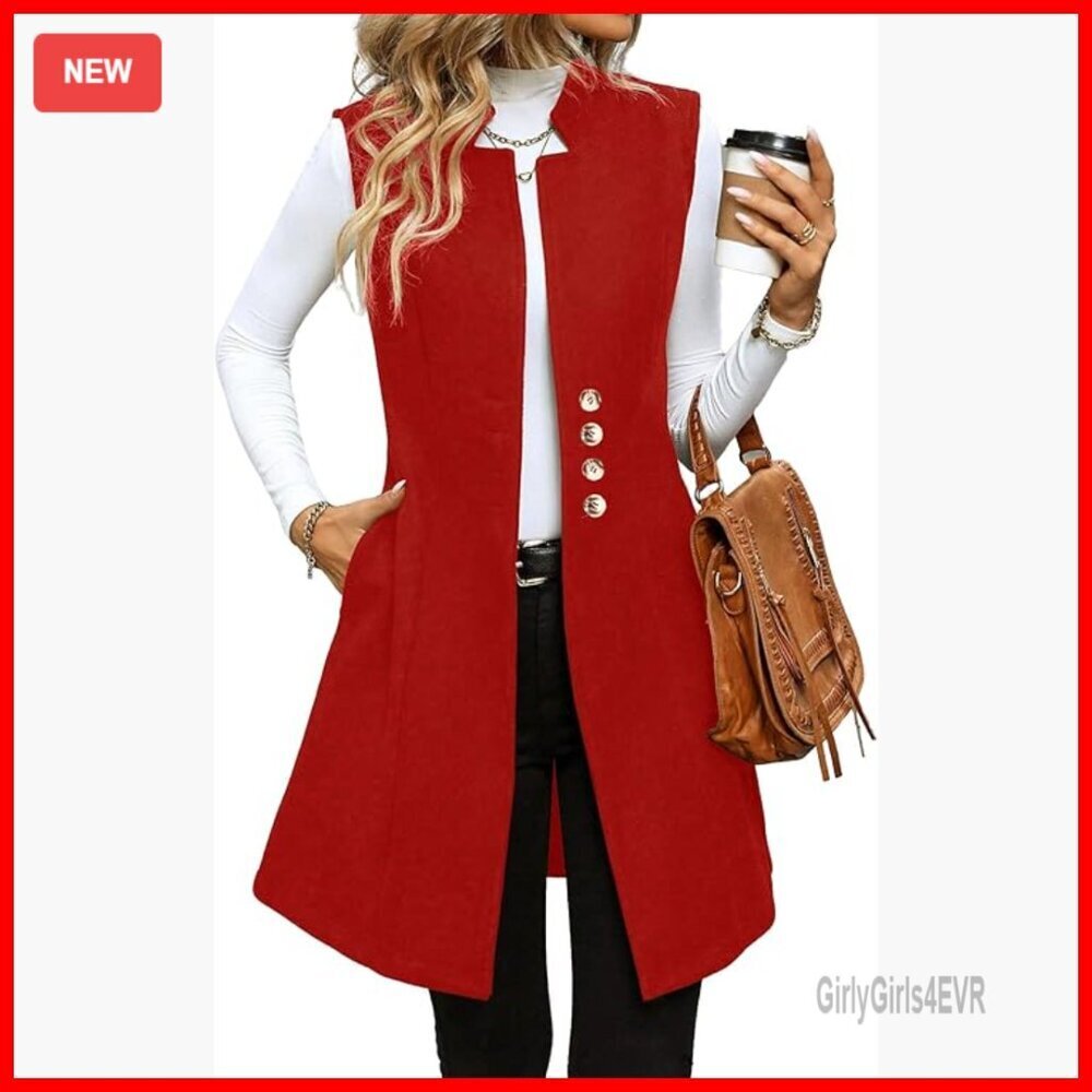 Women's Long Wool Vest Sleeveless Trench Coat Casual Classic Fit